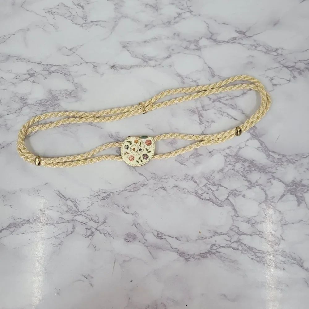 Vintage Cream Rope Belt with Gold Toned Cloissone Floral Enamel Seashell Buckle
